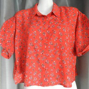 Saffron red floral button front delicate floral print collared crop top